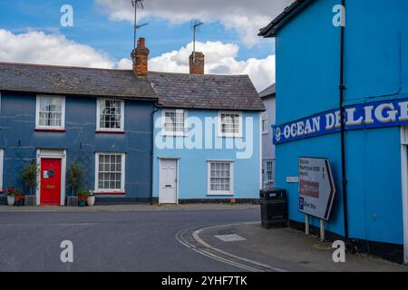 Blaue Häuser im Park St. Thaxted Essex Stockfoto