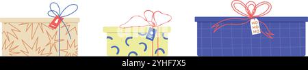 Weihnachtsgeschenkboxen mit Bändern, Schleifen und festlichen Tags. weihnachtsfeierpaket für Noel und Geburtstage. Abbildung des flachen Vektors isoliert auf Stock Vektor