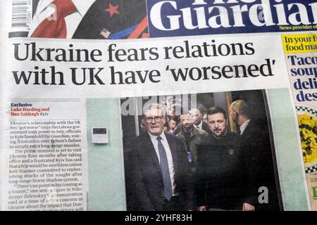 "Ukraine befürchtet, dass sich die Beziehungen zu Großbritannien verschlechtert haben" Guardian Zeitung Titelzeile Russland Ukraine Krieg artikel 9 November 2024 London England Großbritannien Stockfoto