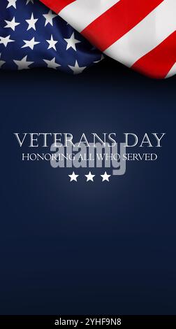 Happy Veterans Day, amerikanische Flagge auf dunkelblauem Hintergrund, Text Veterans Day, zu Ehren aller, die dienten, 11. November Stockfoto