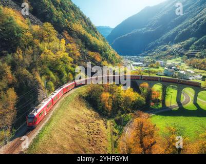 Luftaufnahme des roten Zuges am Kreisviadukt in alpinen Bergen bei Sonnenuntergang im Herbst. Bernina Express, Schweiz. Blick von oben auf Zug, Eisenbahn, grüne Gra Stockfoto