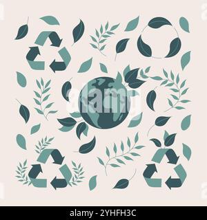 Erde, Recycling-Symbole und grüne Blätter. Stock Vektor