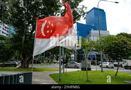 Die Nationalflagge Singapurs ist an einer Straßenecke der Neil Road zu sehen, die die Feierlichkeiten zum Nationalfeiertag zwischen Juli und September markiert. Stockfoto