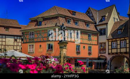 Verzierte Fachwerkhäuser mit blühenden Blumen in der Nähe des Schwendi-Brunnens, des Viertels Little Venice in Colmar, malerisches Dorf im Elsass, Frankreich Stockfoto