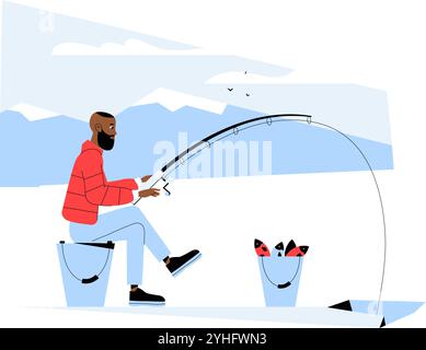 Mann Eisfischen Auf Gefrorenem See Mit Rod Und Eimer In Der Flachen Vektor-Illustration Symbolisiert Winter Erholung Und Outdoor Abenteuer, Isoliert Auf Weiß Stock Vektor