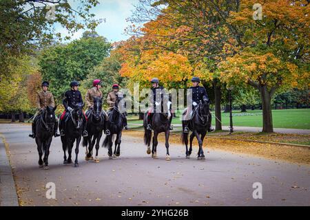 Eine Gruppe von Reitern in Uniform reitet durch einen Park, umgeben von den lebhaften Farben des Herbstes. Stockfoto