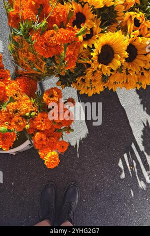 Leuchtende orangefarbene Ringelblumen und helle Sonnenblumen auf einem sonnigen Straßenmarkt im Herbst Stockfoto