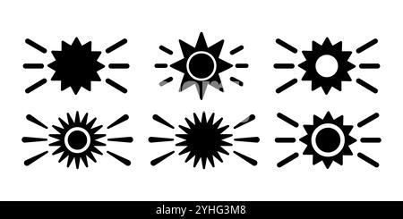 Set aus Sonnenstrahlen- und Sternsymbolen mit radialen Linien in verschiedenen Stilen. Minimalistische Grafikelemente auf weißem Hintergrund. Sonnenschein und Energiekonzept Stock Vektor