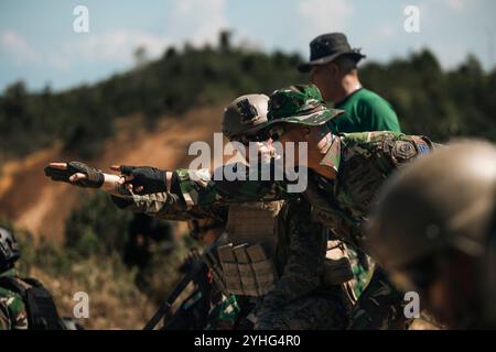 James Bryant, Leiter des Maschinengewehrabschnitts mit 2. Bataillon, 7. Marineregiment, der Marine Rotationstruppe in Südostasien angehört, und ein indonesischer Marine mit 10. Marineinfanterebataillon, indonesisches Korps Marinir, zeigen auf einen Zielpunkt während der Keris Marine Übung (MAREX) 2024 auf Galang Island, Batam, Indonesien, 8. November 2024. Keris MAREX ist eine bilaterale Übung des U.S. Marine Corps und Korps Marinir Republik Indonesien, oder Indonesian Marine Corps, um die Beziehungen als militärische Partner zu stärken und die Interoperabilität zwischen den beteiligten Unternehmen zu erhöhen Stockfoto