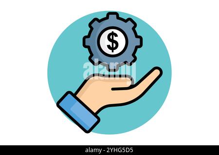 Symbol „Korrektur“. Symbolstil für farbige Umrisse. Hand mit Zahnrad und Dollar. Symbol für Motivation. Vektorillustration für Erfolgselemente Stock Vektor