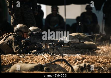 Ein US-Marine mit 2. Bataillon, 7. Marine-Regiment, das der Marine Rotational Force in Südostasien angehört, feuert ein M240B-Maschinengewehr während der Keris Marine Exercise (MAREX) 2024 auf Galang Island, Batam, Indonesien, am 8. November 2024. Keris MAREX ist eine bilaterale Übung, die vom U.S. Marine Corps and Korps Marinir Republik Indonesien oder Indonesian Marine Corps durchgeführt wird, um die Beziehungen als militärische Partner zu stärken und die Interoperabilität zwischen den beteiligten Streitkräften bei der Förderung eines freien und offenen Indo-Pazifik zu erhöhen. MRF-SEA ist eine Rotationseinheit, die aus Elementen des I Marine Expeditionary abgeleitet ist Stockfoto