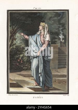 Zeresh, Ehefrau von König Ahasveros Lieblings-Haman, Figur in Racines Tragödie Esther, 1689. Sie trägt zwei Schleier über geflochtenem Haar, einen blauen Mantel über rosa Gewand und steht in einem gepflasterten Garten. Zares. Handkolorierter Kupferstich von Ridé nach einer Illustration von Philippe Chéry aus Jean-Charles Le Vacher de Charnois Recherches sur les Kostüumes et sur les Theatres de Toutes les Nations, M. Drouhin, Paris, 1790. Stockfoto