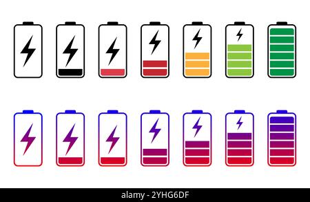 Symbole für entladenen und vollständig geladenen Akku. Batterieladung von niedrig zu hoch. Vektorabbildung der Symbole der Batterieladeanzeige. Stock Vektor