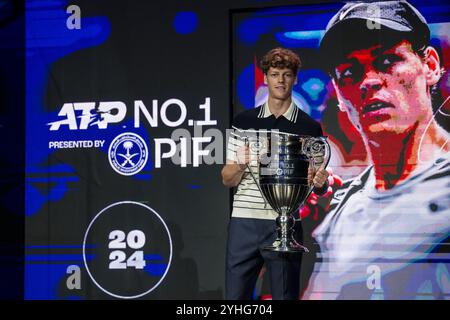 Turin, Italien. 11. November 2024. Jannik Sinner of Italy posiert mit der ATP Nr. 1-Trophäe am zweiten Tag des Nitto ATP Finals. Quelle: Nicolò Campo/Alamy Live News Stockfoto