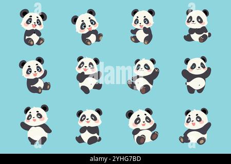 Eine Sammlung von 12 Cartoon Pandas mit verschiedenen Ausdrucksformen, die ihre verspielte und liebenswerte Natur zeigen. Stock Vektor