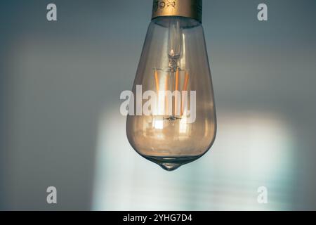 Dieses hochwertige Bild verfügt über eine gelbe LED-Leuchte, die einen Vintage-Stil nachahmt. Die Lampe hängt an der Decke und zeigt ihre Stockfoto