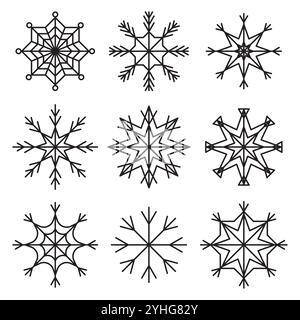 Schneeflocken-Symbolsatz. Geometrische Formen im Winter. Schwarz umrissenes Design. Vektor-Feiertagssymbole. Stock Vektor