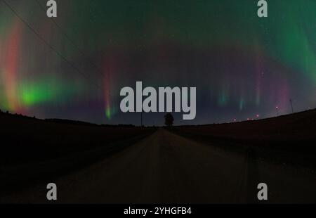 Eine atemberaubende aurora borealis erleuchtet den Himmel über einer friedlichen Landstraße, mit einem einsamen Baum, der als Silhouette vor der lebendigen Anzeige steht. Stockfoto