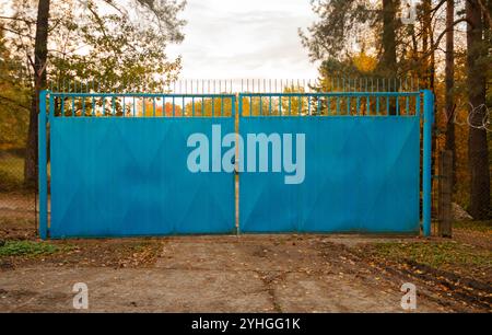 Großes blaues Metalltor zum Gehege im Wald Stockfoto