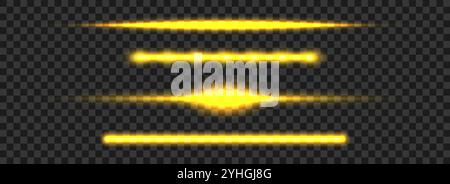 Gelbes Leuchtstoffset für Neonröhren. LED-Lichtstrahl-Sammlung. Helle leuchtende fluoreszierende Stablinien. Glänzend warme Farbstreifen-Elementpaket zum Teilen, Trennen, Verzieren. Vektorabbildung Stock Vektor