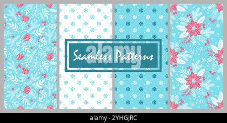 Handgezeichnetes nahtloses Weihnachtsmuster mit stechpalmenblättern, Weihnachtsstern und Weihnachtsbaumzweigen. Modischer Druck für den Hintergrund Stock Vektor