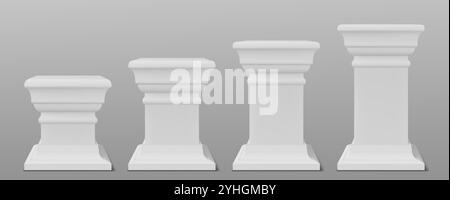 Antike weiße Säulen, isoliert auf Hintergrund. Vektor-realistische Illustration von 3D quadratischen Marmorsäulen, Sockel für Produktpräsentation, altes Palastgeländer Design Element, Museum Podium Stock Vektor