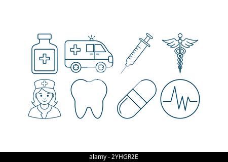 Einfacher Satz medizinischer Vektorlinien-Symbole. Enthält Symbole, Verordnung, medizinisches Symbol Set, Schwesternsymbol, medizinische Versorgung und Diagnose. Stock Vektor