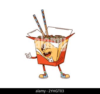 Cartoon groovige Wok Box Fast Food Charakter. Isoliertes Vektor-Nudelpaket zum Mitnehmen mit Stiften. Retro-Persönlichkeit mit fröhlichem Ausdruck und Stäbchen, die herausragen, verströmt unbeschwert appetitliche Vibes Stock Vektor