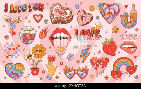 Groovige Valentine Love-Aufkleber und y2k-Elemente. Retro Hippie Valentinstag Vektor Symbole von Liebesherzen, Gänseblümchen, Regenbogen und Kuss Lippen. Hippie-Emoji, Herzsonnenbrille, Kuchen und Süßigkeiten Stock Vektor