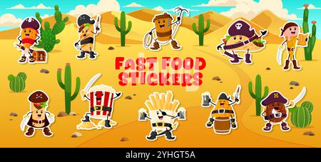 Aufkleber Pack mit Cartoon-Fast-Food-Piratenfiguren in einer Wüstenlandschaft. Lustige Tacos, Pommes frites, Popcorn und Burrito, Eiskegel, Popcorn, Donut, Shawarma und Nachos mit Schwertern und Hüten Stock Vektor