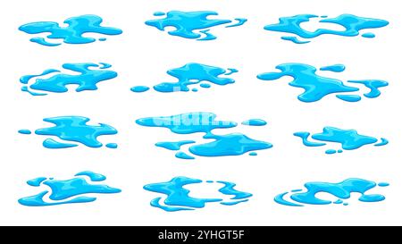 Spritzwasser, Regenwasserpfützen, Karikaturverlust. Isolierter Vektorsatz von blauen Wasserspritzern mit ungleichmäßigen, flüssigen welligen Kanten und Tropfen. Regenwasserflecken oder Flecken, nasse, wässrige Formen oder Lecks Stock Vektor