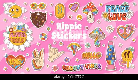Groovige Hippie y2k Symbole Aufkleber Pack. Retro-Flecken mit Friedenszeichen, Flower Power Motiven, Lavalampe, Pilzen und Phrasen wie Blumenkind und groovige Vibes feiern freigeistige Hippie-Kultur Stock Vektor