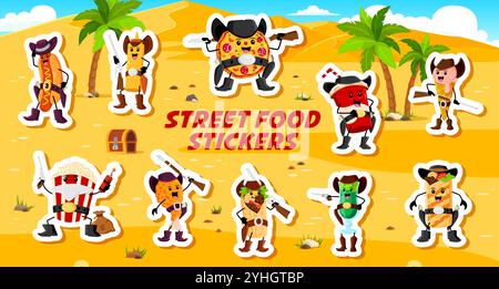 Aufkleber mit Cartoon-Charakteren von Fast-Food-Cowboys und Ranger, Sheriff, Räuber und Banditen. Vektor Western Hot Dog, Burrito, Pizza und Limonade Tasse. Eiscreme C, Popcorn, Taco, Nachos und Margarita Glas Stock Vektor