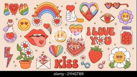 Retro-groovige Hippie-Liebessymbole der 70er-Jahre-Zeichentrickkunst mit Herzen und Regenbogen, Vektorsymbole. Groovige Cartoon-Liebesaufkleber mit Hippie-Friedenszeichen, psychedelische Kuss-Lippen mit funky Gänseblümchen und ich liebe dich Stock Vektor