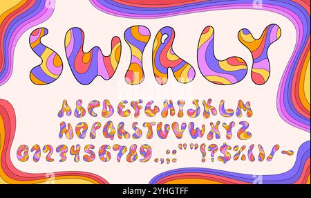 Rainbow 70er Jahre groovige Schriftart, psychedelische Schriftart, Retro 60er Jahre Hippie Schriftart, kräftiges wellenförmiges Alphabet mit funkigen Großbuchstaben und Zahlen. Vektortypografie groovige englische abc-Zeichen in farbenfrohem Rahmen Stock Vektor