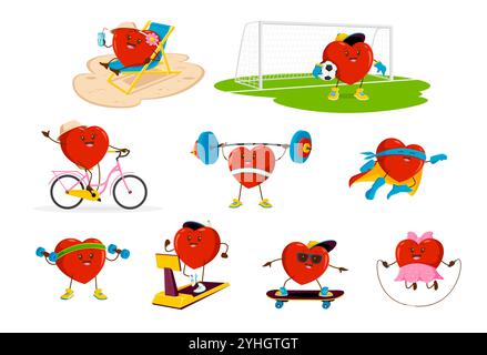 Cartoon-Herzfiguren und Liebesvektorfiguren. Niedliche rote Herzen, die Sportübungen machen, Fahrrad fahren, Fußball spielen und Hanteln heben, laufen, springen und Sonnenbaden, Fitness-Emoticon Stock Vektor