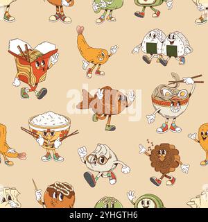 Nahtloses Muster mit Retro-Groovigen japanischen, koreanischen und chinesischen Spezialitäten. Asiatische Gerichte versprühen fröhliche und lustige Atmosphäre. Vektor-Fliesenhintergrund für Kleidung, Textil, Tapeten oder Geschenktapeten Stock Vektor