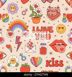 Retro groovige Hippie Liebe Muster von Herzen und Regenbogen in 70er Jahre Zeichentrickkunst, Vektor Hintergrund. Grooviges Muster aus Liebesherzen, Küsslippen und psychedelischen Gänseblümchen mit Hochzeitstorte und Erdbeere Stock Vektor