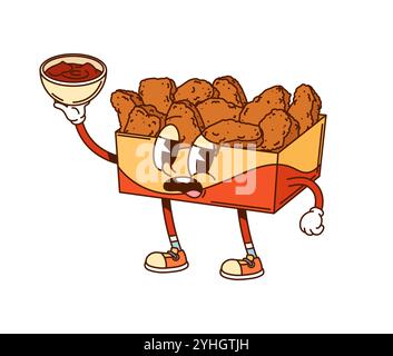 Cartoon groovige Schachtel mit Chicken Nuggets Fast Food Charakter mit einer Schüssel Dip Sauce. Isolierte Vektor-Retro-Hippie y2k-Snack-Persönlichkeit in trendigen Vintage-Sneakers, die zum Fastfood-Café einladen Stock Vektor