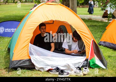 Gaziantep, Turkiye. Mai 2024. Während eines zweitägigen Sitzes in Gaza und gegen den Völkermord Israels in der palästinensischen Küstenenklave errichteten Studenten Zelte auf dem Campus der Universität Gaziantep. Das Sit-in beinhaltete eine Ausstellung von Zeichnungen und Bildern über Gaza und Palästina sowie einen Bücherstand über Palästina. Bei der Veranstaltung bekundeten die Studenten ihre Unterstützung für die pro-palästinensischen Mobilisierungen auf den Universitäten in den Vereinigten Staaten Stockfoto