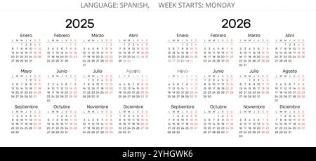 Horizontale spanische Jahreskalender 2025 und 2026. Einfache Vektor-Illustration Set für Spanien - Espanol Calendario Stock Vektor