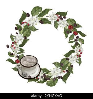 Kaffeebaumzweige und rote Beeren. Digitale Aquarellabbildung. Kaffeebaumblüten isoliert auf weißem Hintergrund. Ein Kranz aus Zweigen, hinterlässt einen Stockfoto