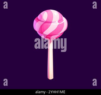 Cartoon-Lollypop, Süßigkeiten, Süßwaren, zuckerhaltiges Essen. Isolierter Vektor vibrierender runder Lutscher auf Stock mit glänzender Oberfläche, mit rosa und weißem Wirbelmuster. Sauger Karamell für Kinder Stock Vektor