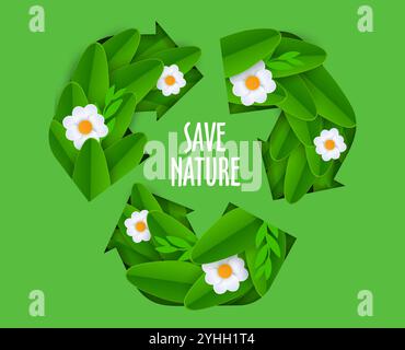 Umweltbanner, Papier geschnittenes Recyclingschild mit grünen Blättern und weißen Gänseblümchen. Save Earth Nature Vector Eco Konzept des Umweltschutzes. Kunststoffabfälle recyceln Symbol für 3D-Papierpfeile Stock Vektor