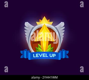 Level-Up-Prämienabzeichen oder Symbol-Spielelemente. GUI-Vektorsymbol für Gaming Achievement, Casino-Level-Up-Zeichen oder Spielerfolgsrangabzeichen. Winning-UI-Element der Glücksspielanwendung mit silbernen Flügeln, goldenem Pfeil und Krone Stock Vektor