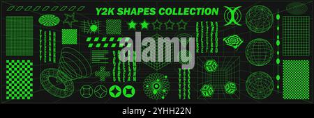 Abstrakte Geometrie Drahtmodellformen und -Muster, Cyberpunk-Elemente, Zeichen und Perspektivenraster. Surreale geometrische Retro-Zeichen. Rave psychedelische Futu Stock Vektor