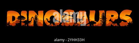 Dinosaurier Sonnenuntergang Silhouetten in ausgeschnittenen Buchstaben mit Wald aus der Jurassic-Ära, Vektor-Hintergrund. Prähistorischer Dino-Park oder paläontologisches Museum Banner mit riesigen Echsen und Dinosauriersilhouetten im Wald Stock Vektor