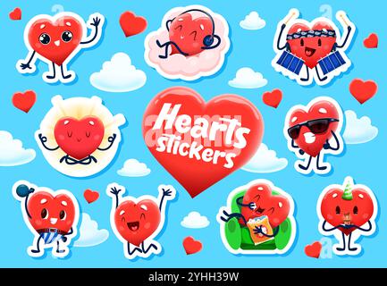 Valentine Love Heart Characters Aufkleber. Vektor-Set von Zeichentrickfiguren verspielten Herzen in verschiedenen Positionen und Aktivitäten, am blauen Himmel mit weißen Wolken. Glückliche, süße und ausdrucksstarke Valentinstag-Persönlichkeiten Stock Vektor