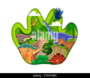 Prähistorisches Dinosaurierpapier mit Vektor-Dino-Charakteren und Dschungelwald-Naturlandschaft. Cartoon tyrannosaurus rex, Hypselosaurus und Wuerhosaurus in 3D-Papierschnitt-Fußabdruckrahmen Stock Vektor