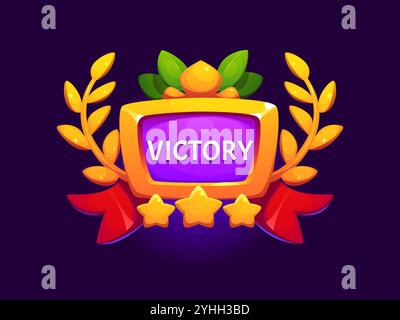 Symbol für den Sieg des Spiels, ui-Auszeichnung mit leuchtenden goldenen Sternen, roten Bändern, Lorbeer und grünen Blättern. Popup-Banner für Comic-Vektor für Gaming-Erfolge und die Anerkennung der Gewinner Stock Vektor